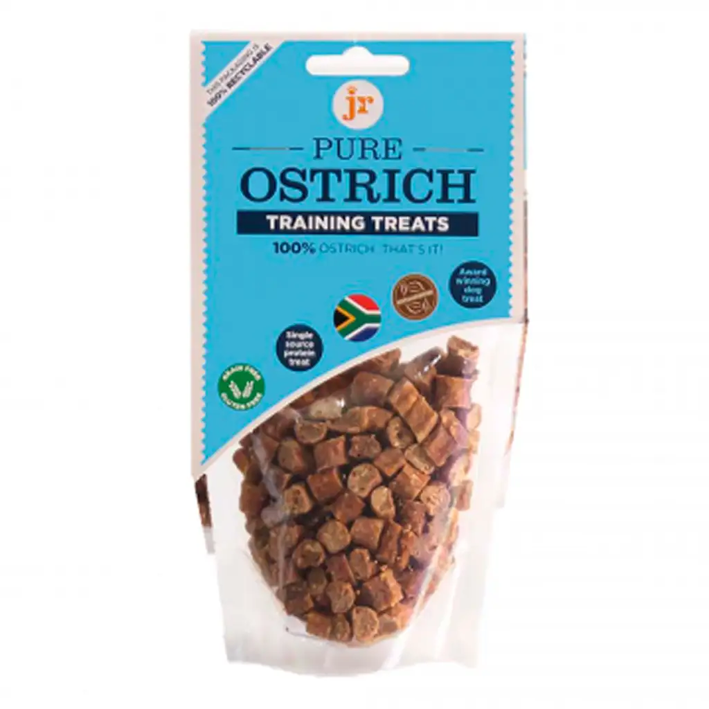 Friandises de dressage Pure Ostrich pour chiens, fabriquées avec 100% de viande d’autruche en petites bouchées