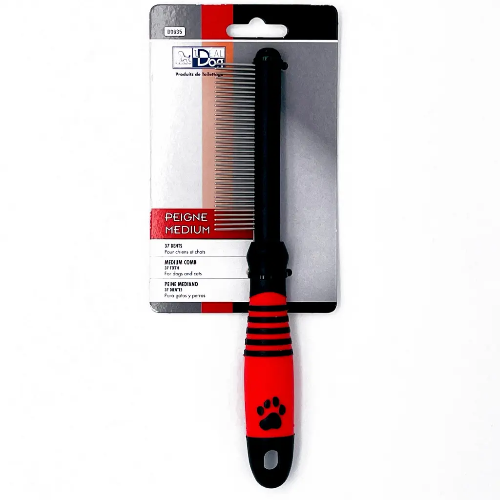 Peigne de toilettage Idealdog médium ou large avec manche ergonomique antidérapant pour chien et chat